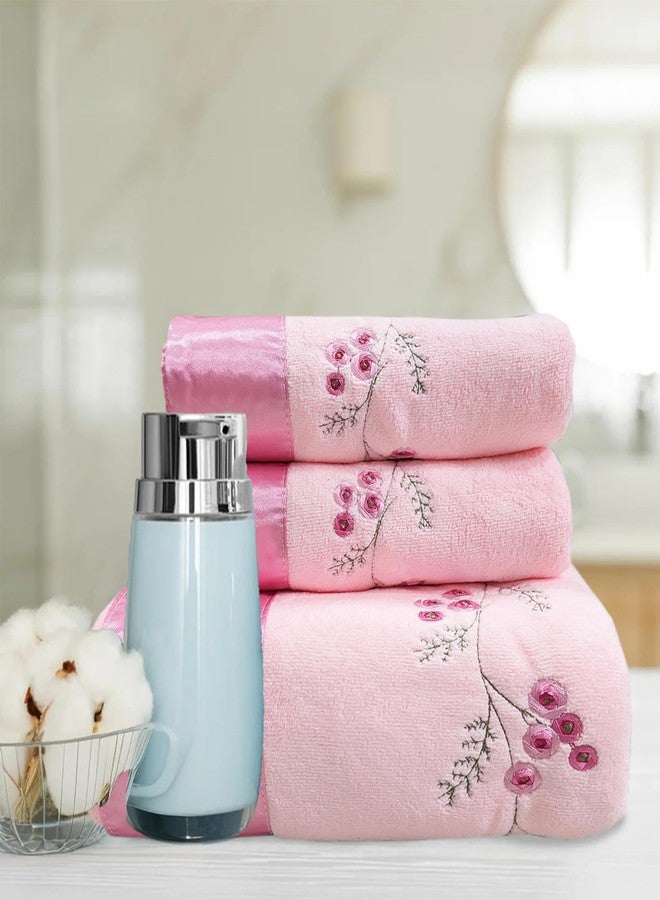 ABREEZE Pink Plum Blossom-Embroidered Bath Towel Set, 3 Pieces，Soft, Skin-Friendly and Water-Absorbent, Mother's Day and Valentine's Day Gift(1 Bath Towel,2 Hand Towels) - Image 5